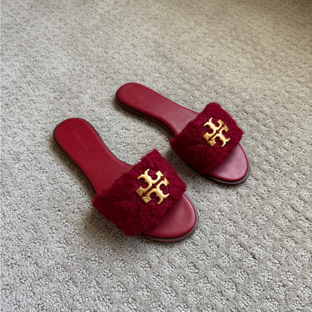 Tory Burch Red Fuzzy Slide Sandals